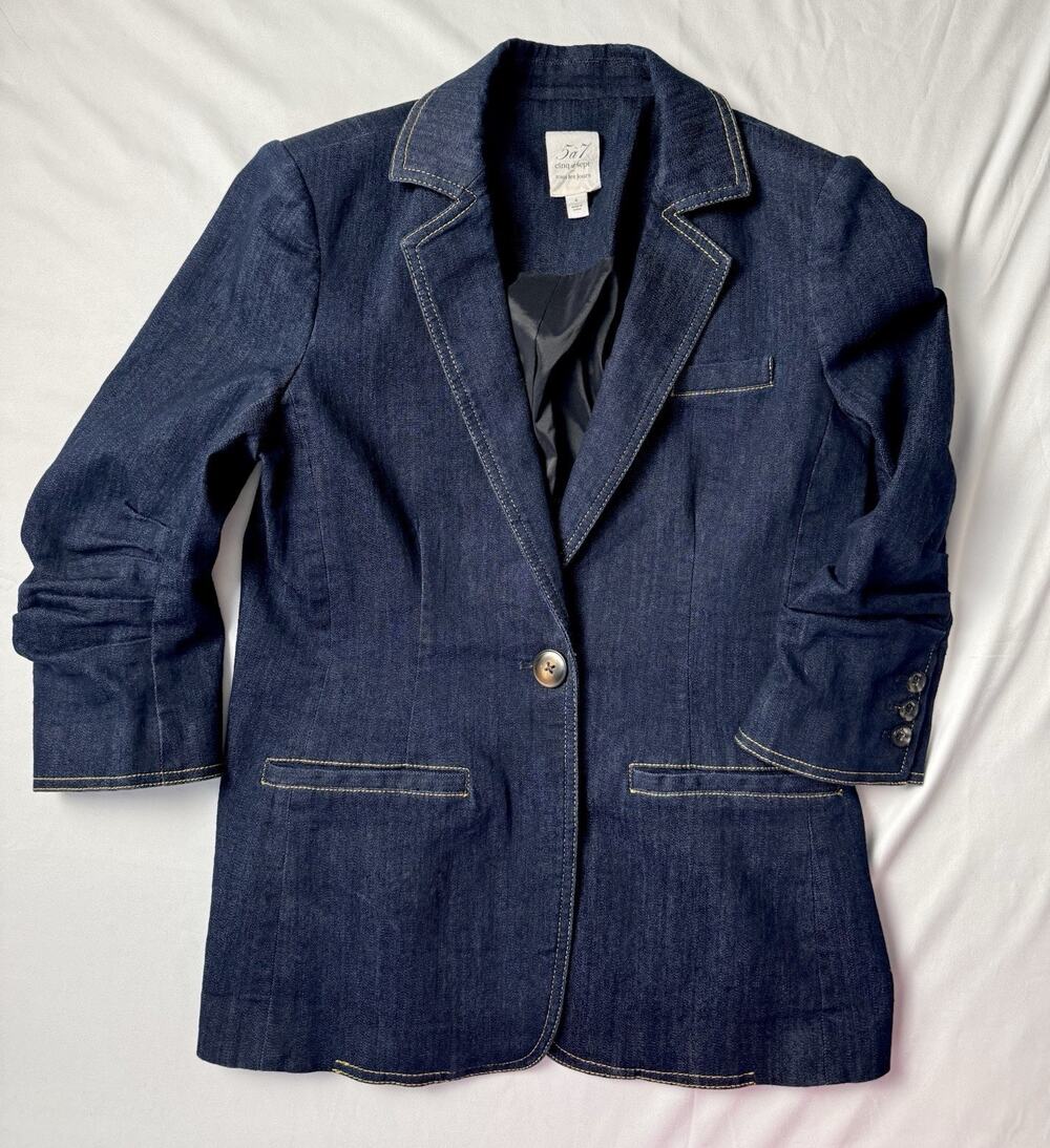 Cinq à Sept Khloe Ruched Sleeve Denim Blazer Dark Indigo Women’s 4 $395